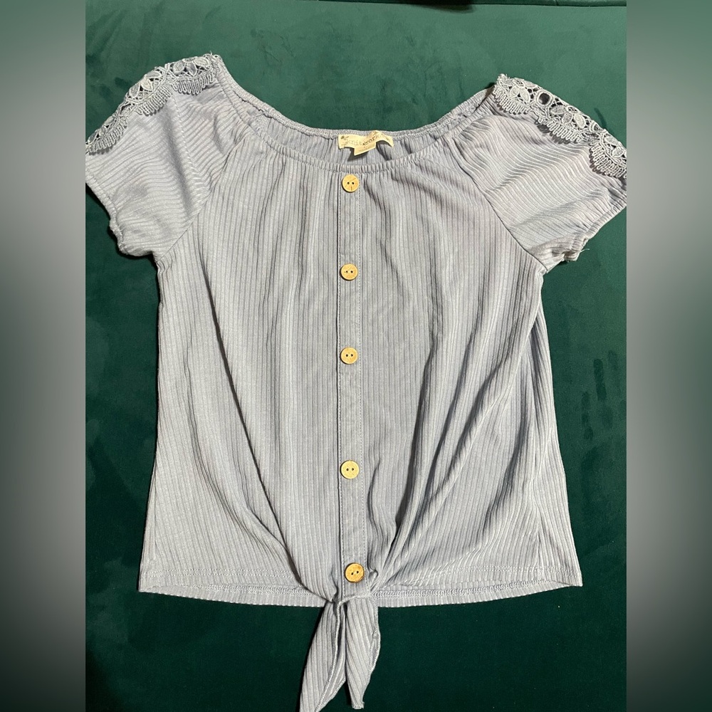 Girls Blue Front Tie Summer Top with Lace detail